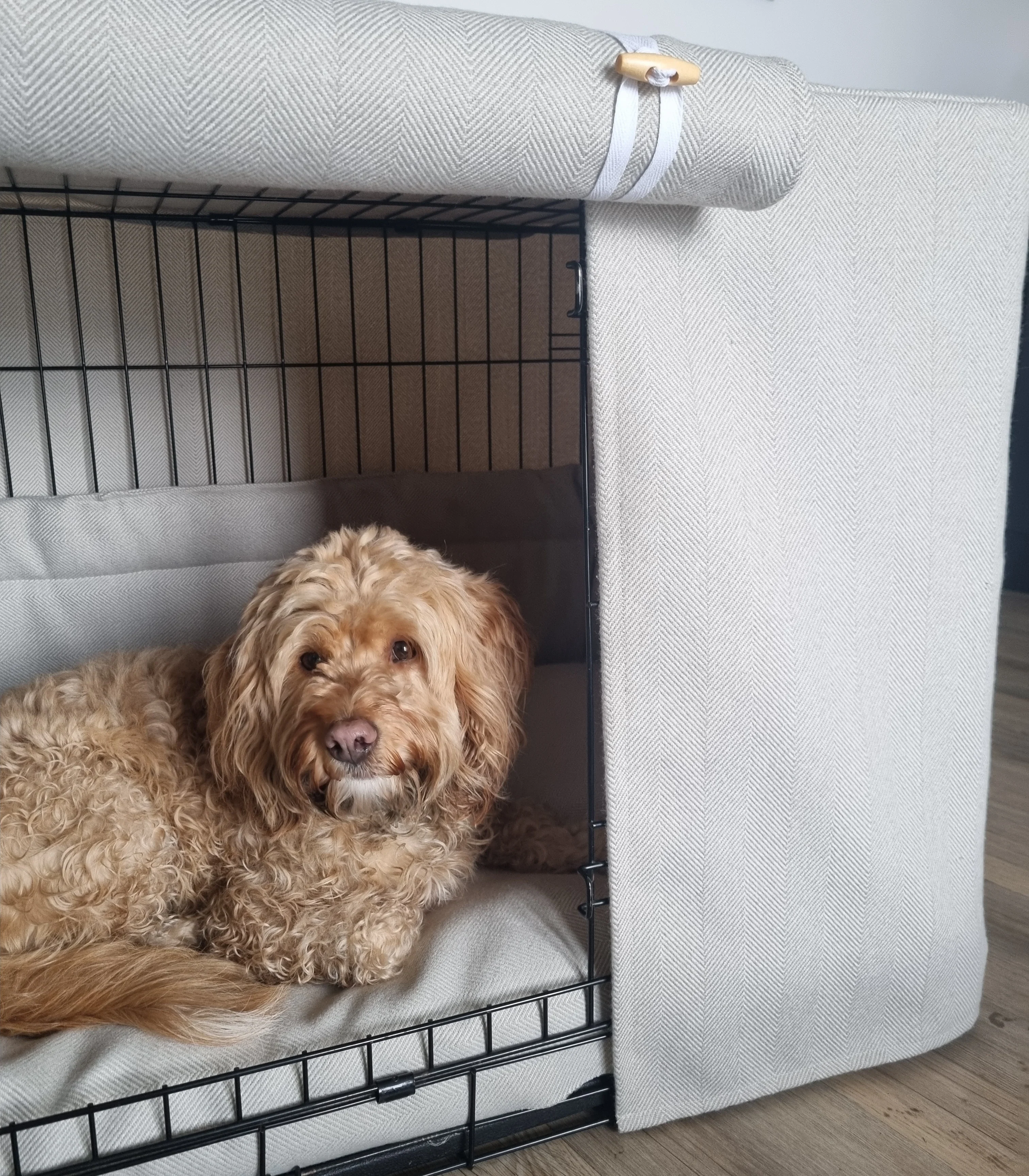 Dog crate set - International Customers  - crate cover, bumper and bed cover - Neutral herringbone - Image 3